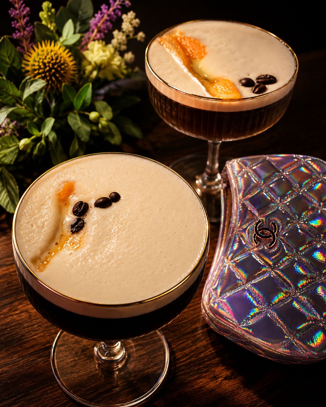 Two espresso martinis in gold-rimmed coupes with coffee beans and a Chanel bag