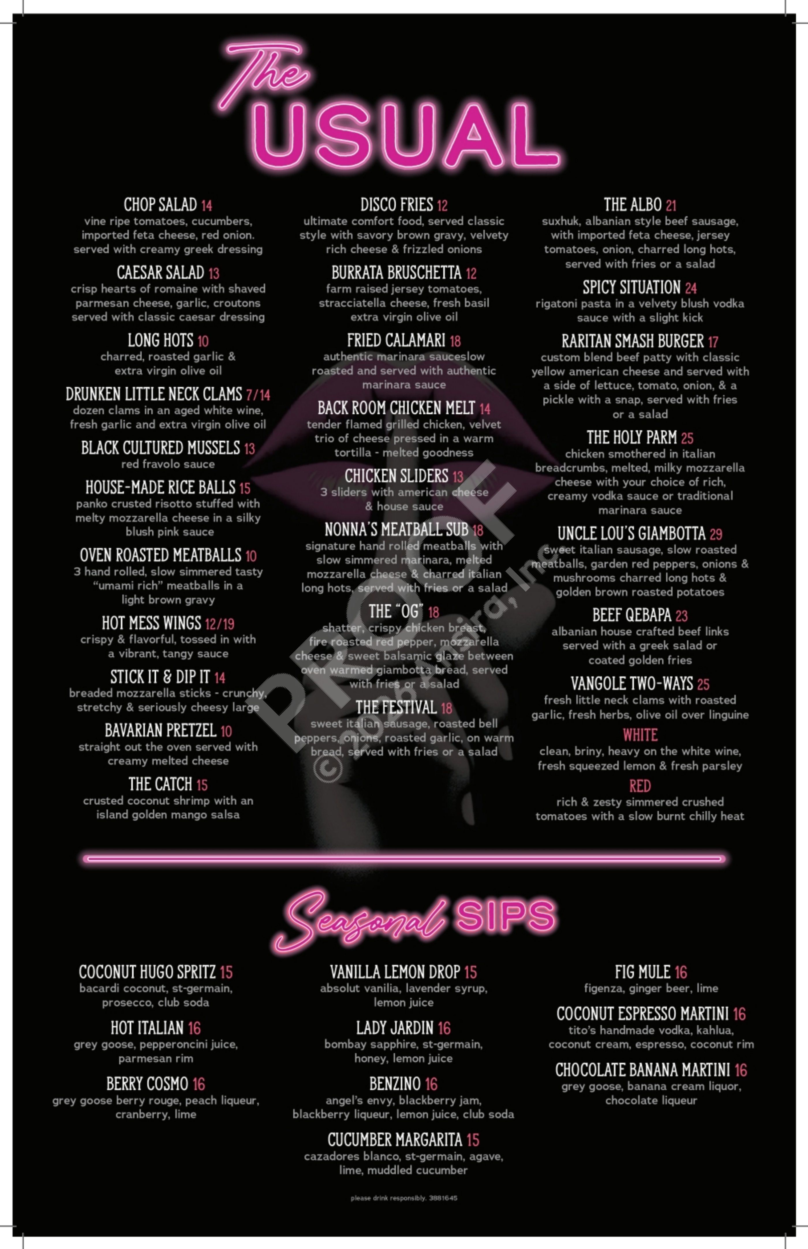 The Usual Suspects food menu