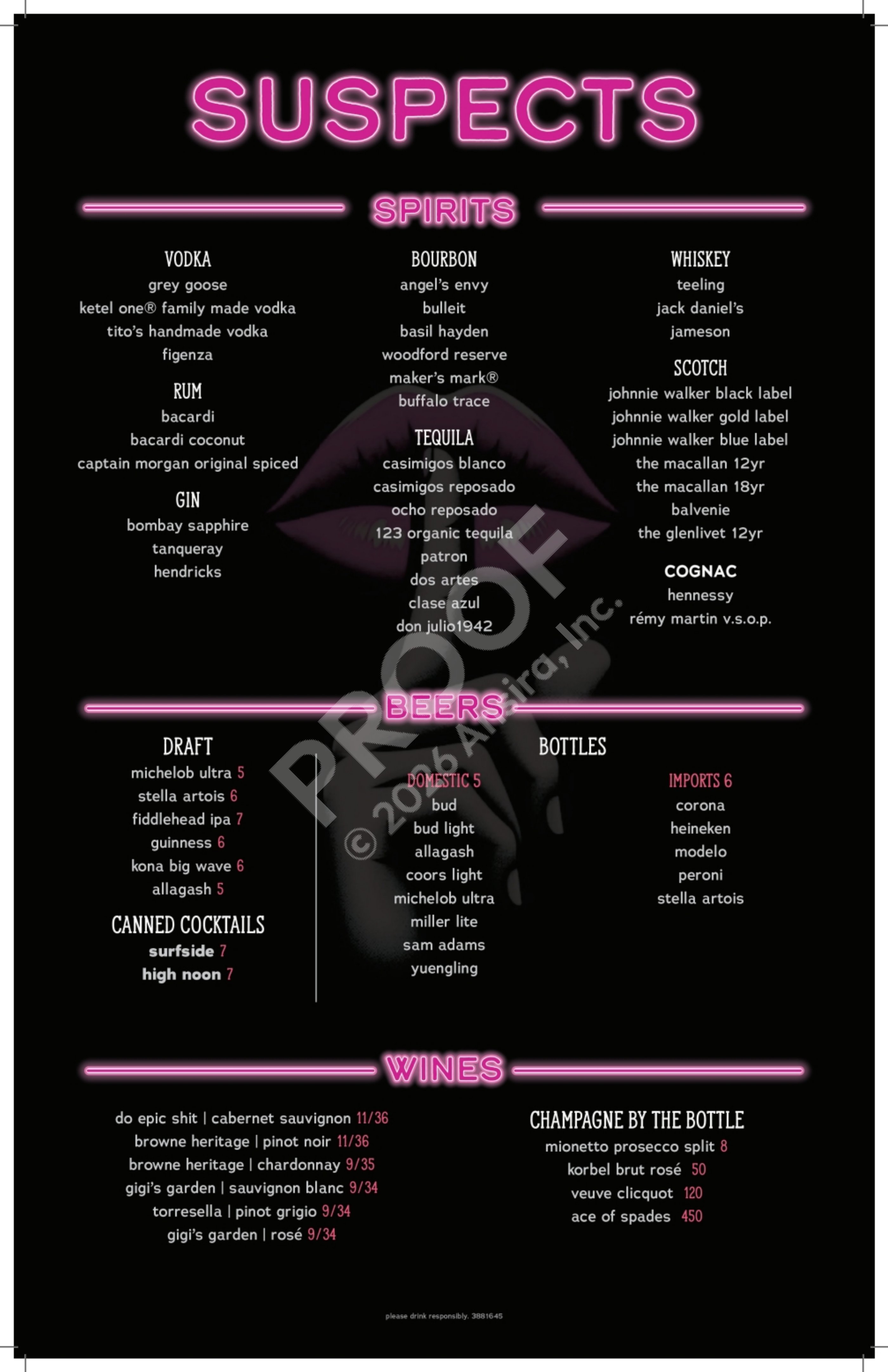 The Usual Suspects drinks menu